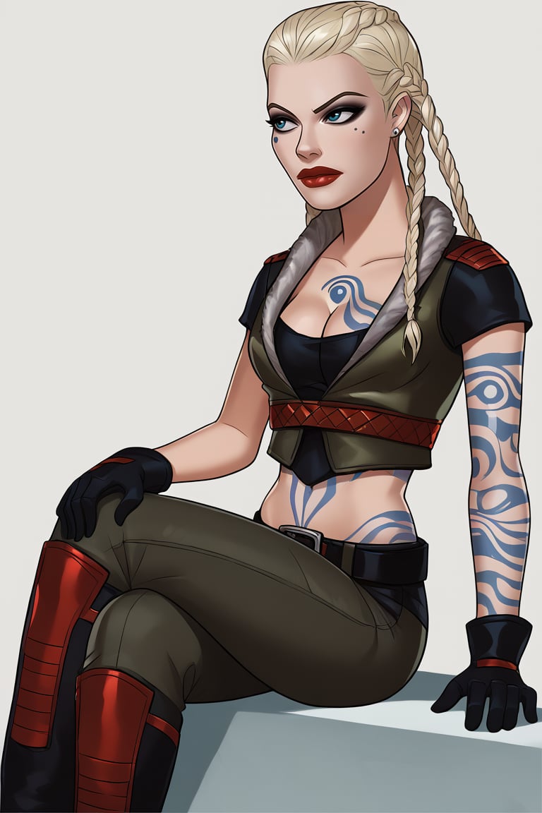 score_9, score_8_up, score_7_up, BREAK, 1girl, solo, breasts,  <lora:commandantsteele-guy-PONYv1:1>, commandantsteele, tattoo, braids, makeup, lipstick, jewelry, jacket, gloves, cleavage, midriff, pants, belt, <lora:somethingunlimited-guy-PONYv1:1>, sitting, crossed legs, 