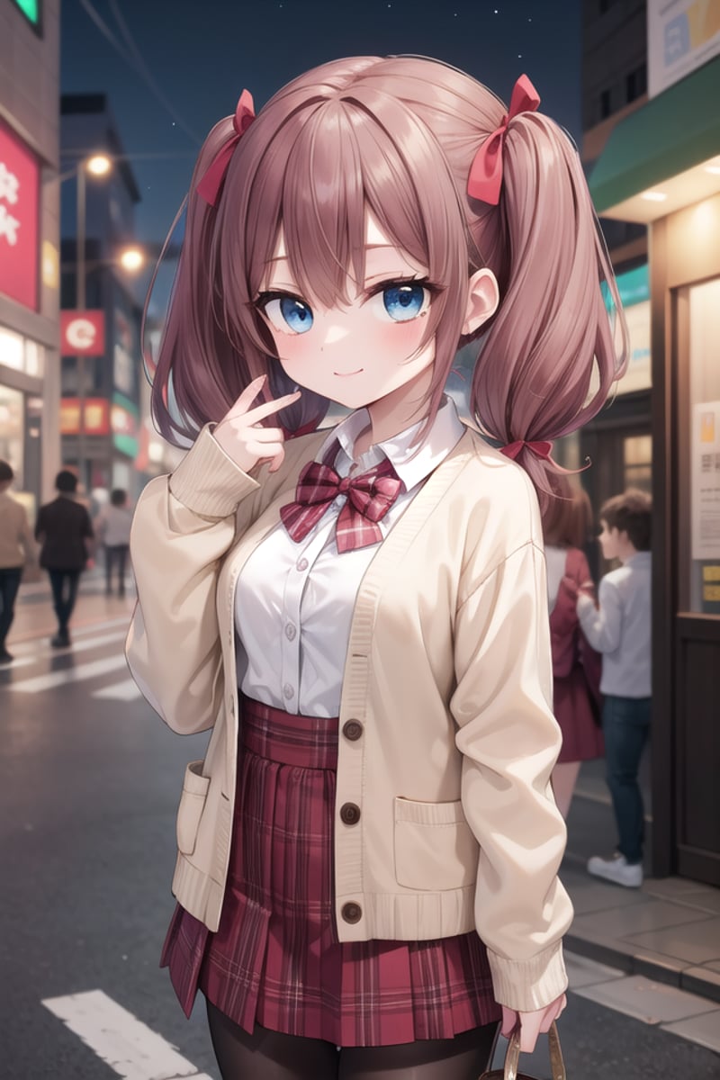 insanely detailed, absurdres, ultra-highres, ultra-detailed, best quality,1girl, solo, nice hands, perfect handsBREAK(School Uniforms:1.2), (pink cardigan is fit body:1.4), ((do up a buttons, not loose):1.5), ((long sleeve, sleeves past wrists):1.2), (inner wear is white collared-shirt:1.3), (red plaid-pattern bow:1.3), (red plaid-pattern pleated skirt:1.3), ((dark-brown pantyhose, loafers):1.2)BREAK(nsfw:-1.5)BREAKhappy smile, laugh, closed mouthBREAK,standing, cowboy shot, looking at viewerBREAKslender, kawaii, perfect symmetrical face, ultra cute girl, ultra cute face, ultra detailed eyes, ultra detailed hair, ultra cute, ultra beautifulBREAKin street, cityscape in harajuku, depth of field, ultra detailed backgroundBREAKmedium large breastsBREAKhime cut, (low twintails:1.3), messy hair, medium hair, (red brown hair, dark blue eyes:1.3)<lora:eyecolle_torenia_v100:0.5> <lora:eyecolle_nadeshiko_v100:0.5>