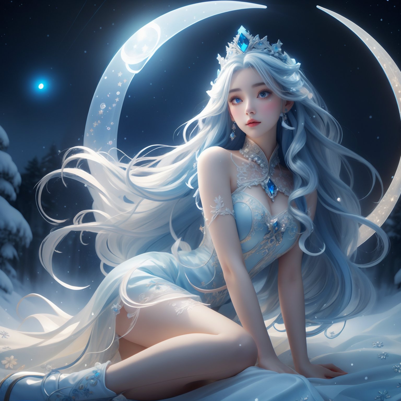 (Masterpiece:1.2),best quality,(night sky, wery long blue hair:1.2),(illustration:1.2),beautiful scenery,scared,(Masterfully crafted Glow, lens flare),(ultra-detailed),hyper details,(delicate detailed),(intricate details),(cinematic light, best quality Backlights),clear line,new world,viewer,solo female,perfect body,(1female),(Bright bioluminescent hair hair, bright glowing eyes),(Dynamic:1.3),((makeup)),high contrast,(best illumination, an extremely delicate and beautiful),((cinematic moonlight)),colourful,((Photoshop Pastel Painting:1.1)),ethereal,(Cinematic masterpiece),suspense,splashes of colour,absolutely eye-catching,((caustic)),dynamic angle,beautiful (detailed glow),(eerie),(Intricate Detailed Cinematic Scenery Behind:1.2),ambient occlusion,(ambient moonlight),ray-traced reflections,intricately detailed visible background,night snow storm,stars,very long curly white hair,ice queen,white and light blue gothic royal dress with embroidery,long embroidered stockings,crystals and pearls,big halo shaped crown,ice crystals around,snow storm,mature woman,1girl,yellow_footwear,high_heels,