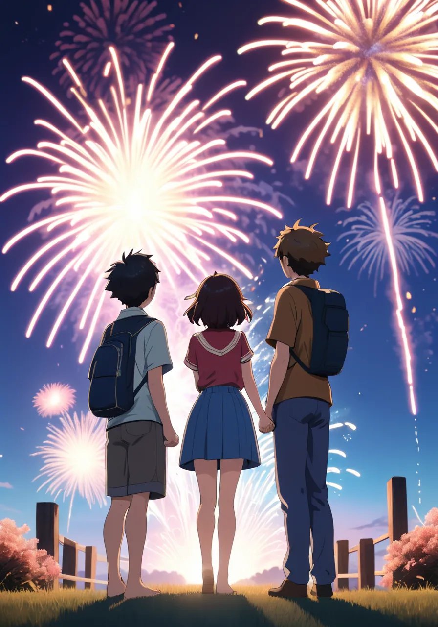 highres,best quality,natural,two young people looking at fireworks with fireworks in the background, in the style of anime aesthetic, rendered in cinema4d, animated gifs, edo period art, sunrays shine upon it, handsome, emphasizes emotion over realism