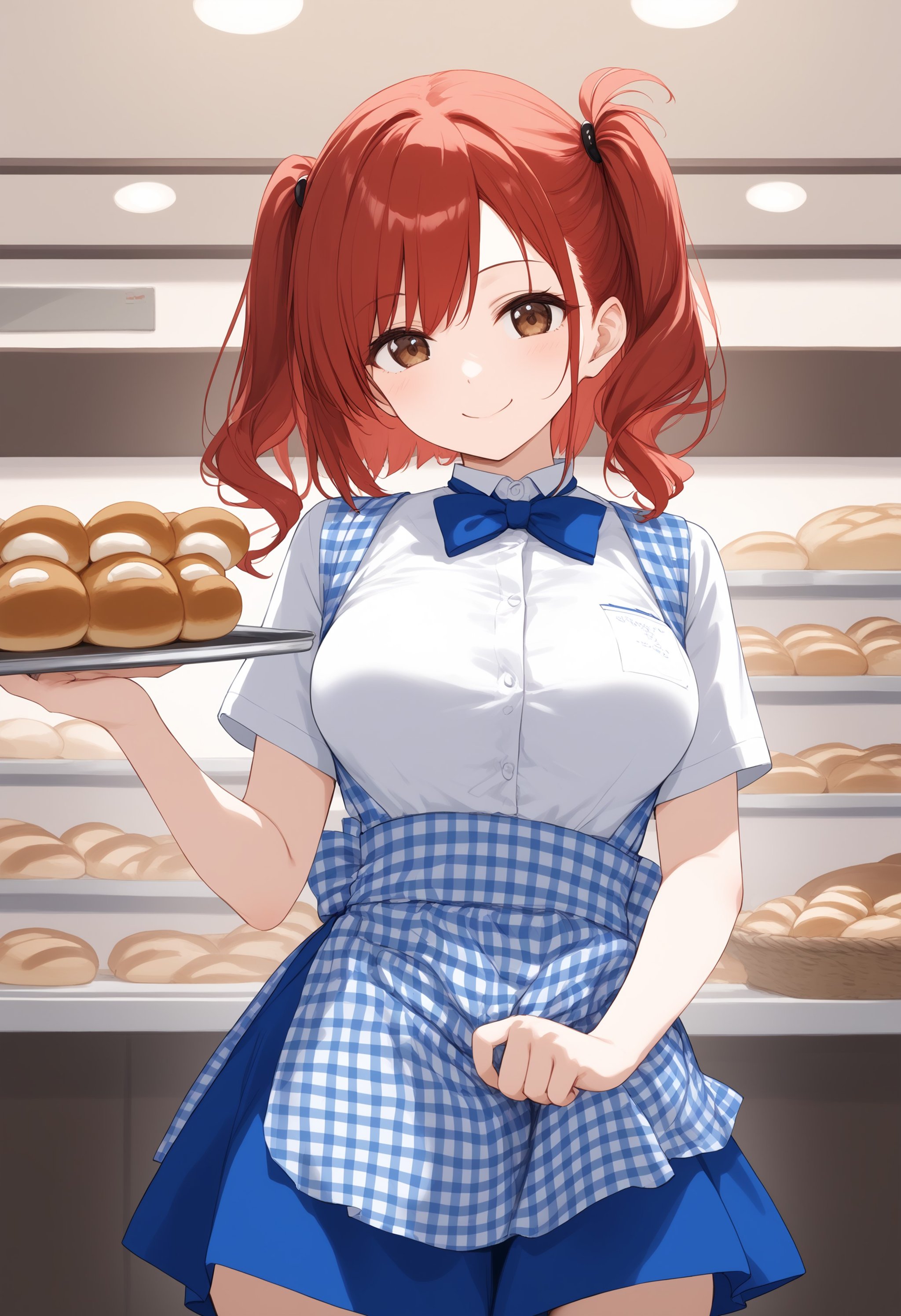 1girl, medium breasts,kobeya uniform, blue skirt, blue neckwear, gingham apron,Bakery, <lora:kobeya_Pony_v1:0.7>ceiling, cowboy shot, looking at viewer, red hair, brown eyes,teasing smile, closed mouth, side hair,