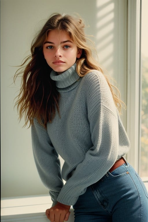 portrait photo of a woman, thylane, wearing a turtleneck sweater and blue jeans, photography by david hamilton, photography by sally mann, photography by Peter Lindbergh, photography by Sam Haskins, fill light, key light, rim light, sharp focus, studio lighting, soft light, soft focus, <lora:thylane:0.8>