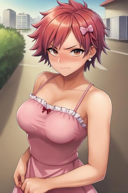 score_9,<lora:meme50_v1_pruned:1>, tomboy, medium breasts, red hair, short hair, spiked hair, brown eyes, embarrassed, angry, blush, grabbing own arm, frilled dress, pink dress, sundress, long dress, hair bow, earrings, cowboy shot, solo, looking at viewer, outdoors, city, day,high resolution, Masterpiece,uncensored, rating_explicit,