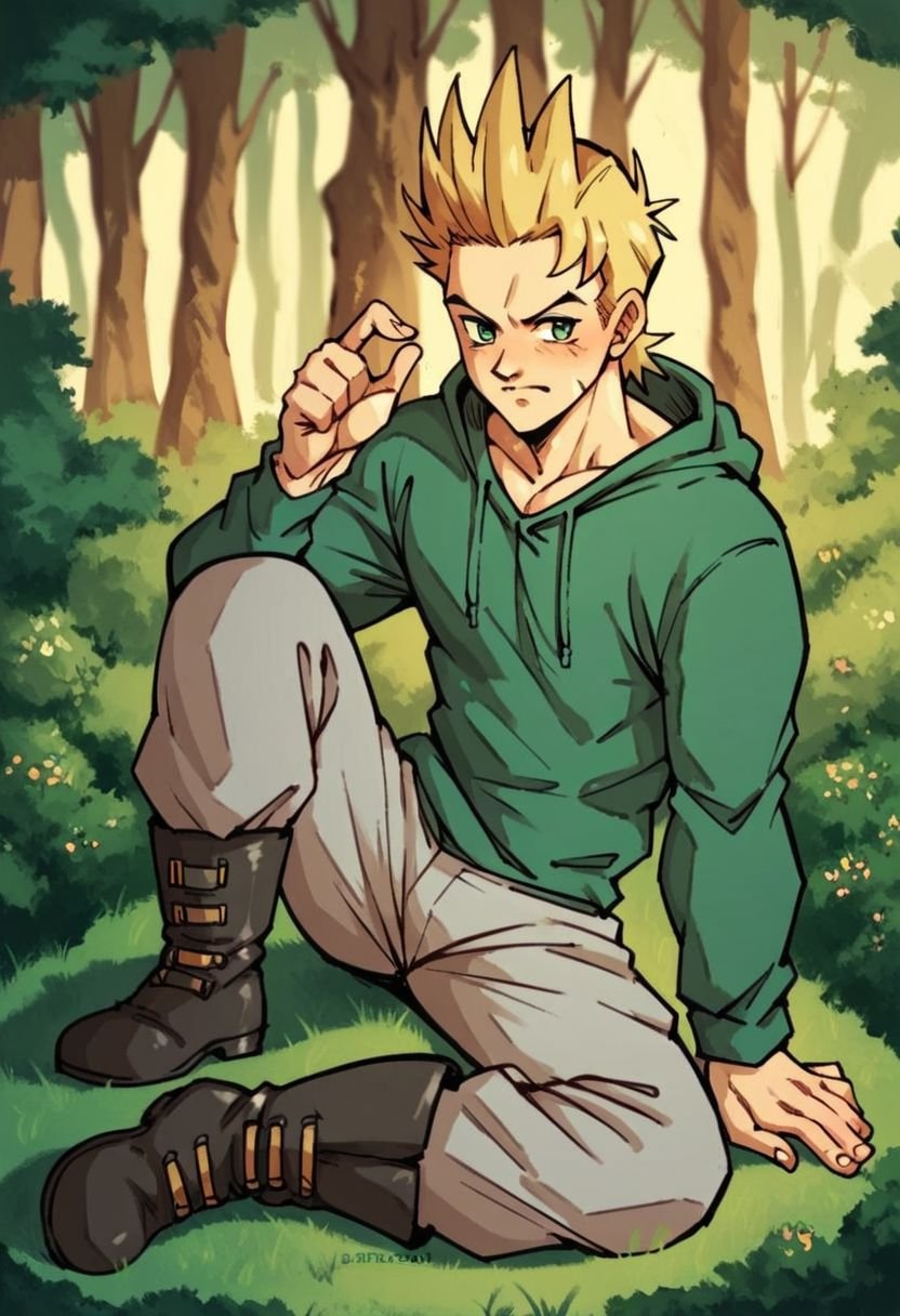 score_9, score_8_up, score_7_up, score_6_up, score_5_up, score_4_up,score_3_up,source_anime,Siesta,Color, in forest, green long sleeve sweatshirt, grey pants, black boots, blonde hair