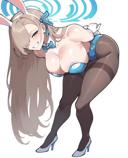 score_9, score_8_up, score_7_up, score_6_up, <lora:NyantchaV1:1>, asuna \(blue archive\), asuna \(bunny\) \(blue archive\),  1girl, animal ears, black pantyhose, blue eyes, blue halo, blue leotard, breasts, cleavage, fake animal ears, gloves, grin, hair over one eye, halo, high heels, large breasts, leaning forward, leotard, looking at viewer, mole, mole on breast, official alternate costume, pantyhose, playboy bunny, rabbit ears, shiny skin, simple background, smile, solo, thighband pantyhose, white background, white footwear, white gloves,