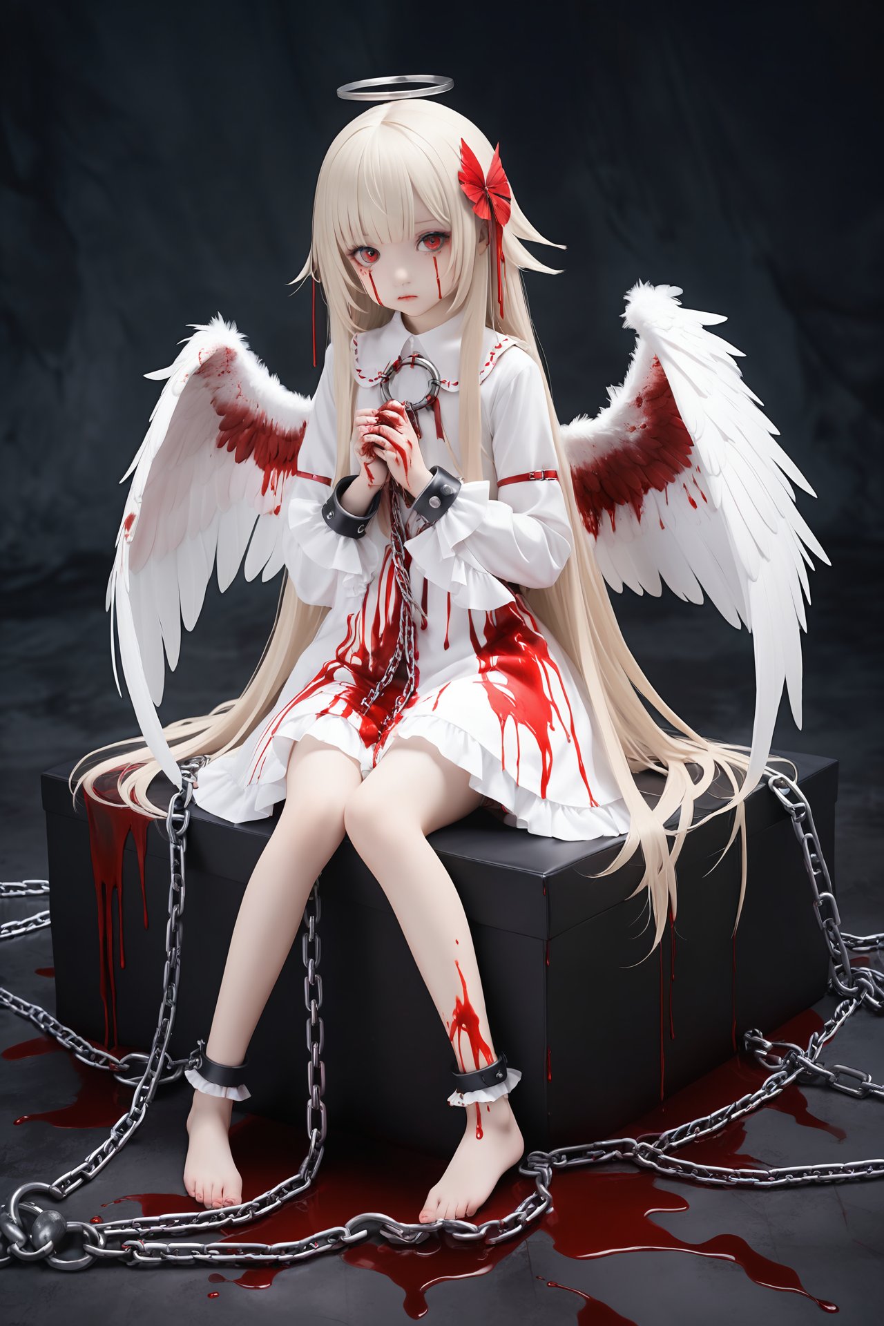 (masterpiece),(best quality),loli,1girl,solo,wings,blood,long hair,sitting,chain,red eyes,blood on hands,feathered wings,barefoot,blood on face,blood from eyes,dress,long sleeves,cuffs,feathers,frills,looking at viewer,very long hair,white wings,bandages,shackles,bangs,