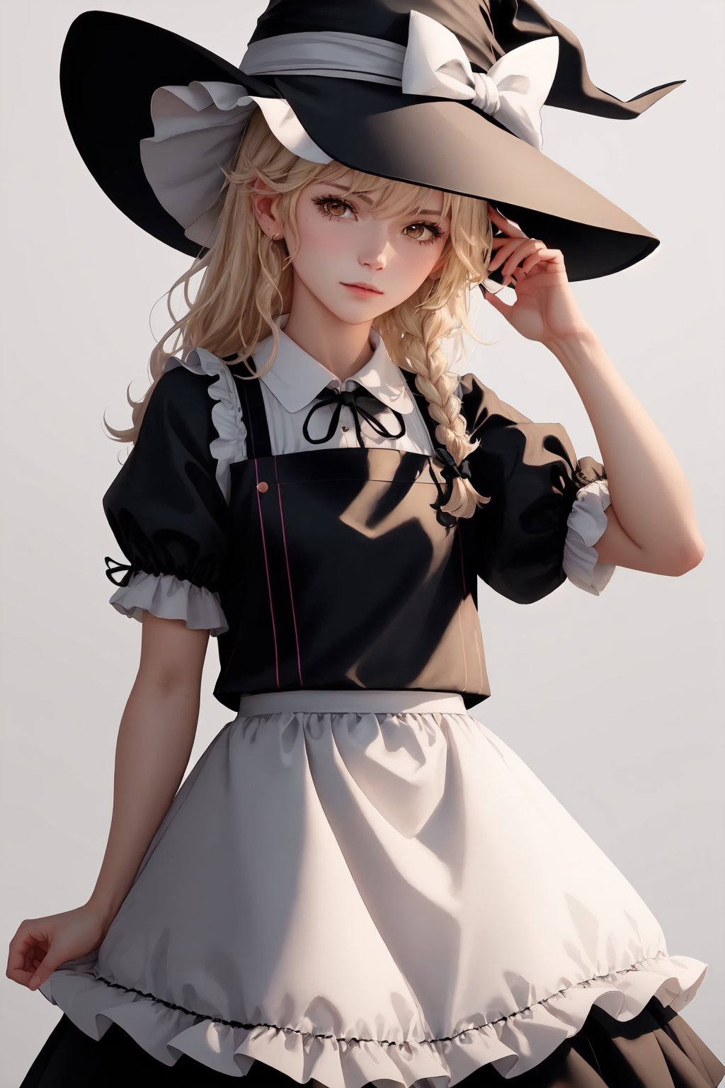 kirisame_marisa,witch_hat,waist_apron,puffy_short_sleeves,single_braid,hair_bow,black_skirt,frills,black_vest,white_shirt,black_headwear,solo,looking_at_viewer,hat_bow,blush,1girl,white_bow<lora:kirisame_marisa:1>,simple background,white backgroundmasterpiece,best quality, highly detailed, 