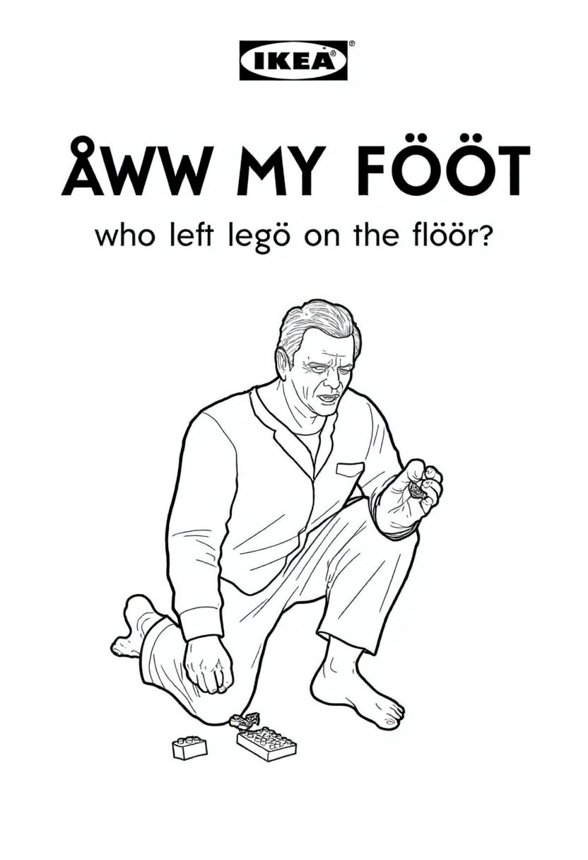 This image is a black-and-white line drawing, styled as a product listing for IKEA, featuring a cartoon man wearing pajamas. The drawing is digital and features a detailed illustration of a barefoot man kneeling over in pain, holding his foot which has a small lego brick stuck in it. The character appears to have stepped on a piece of Lego. His face shows painful anguish. The background is plain white, with the IKEA logo and "ÖWW MY FOOT" in bold, uppercase letters at the top. Text underneath: "who left legö on the flöör!?"<lora:IKEA_Instructions_Style_FLUX:0.9>