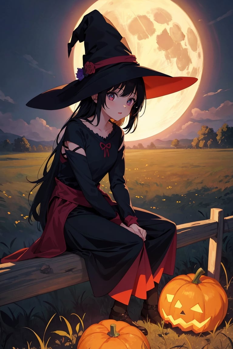 (1girl), wearing a witch costume, (cute:1.2), young, sitting on a fence in a field, (pumpkins:0.8), skinny, vibrant colors, atmospheric scene, (masterpiece, best quality), beautiful and aesthetic, official art, cinematic lighting, (shadows:1.1), (highlights:0.9), full moon, magical