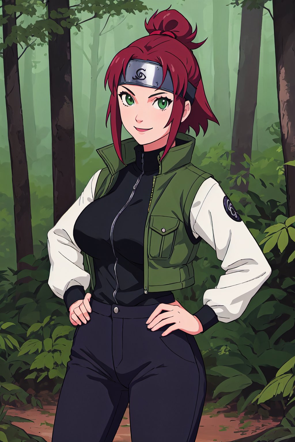 <lora:KishimotoStyle_1-step00002900:0.7> , solo, 1girl, forehead protector, cowboy shot, forest background, looking at viewer, pants, vest, black pants, long sleeves, smile, green vest, headband, black headband, konohagakure symbol, hands on hips, shirt, flak jacket, black shirt, large breasts