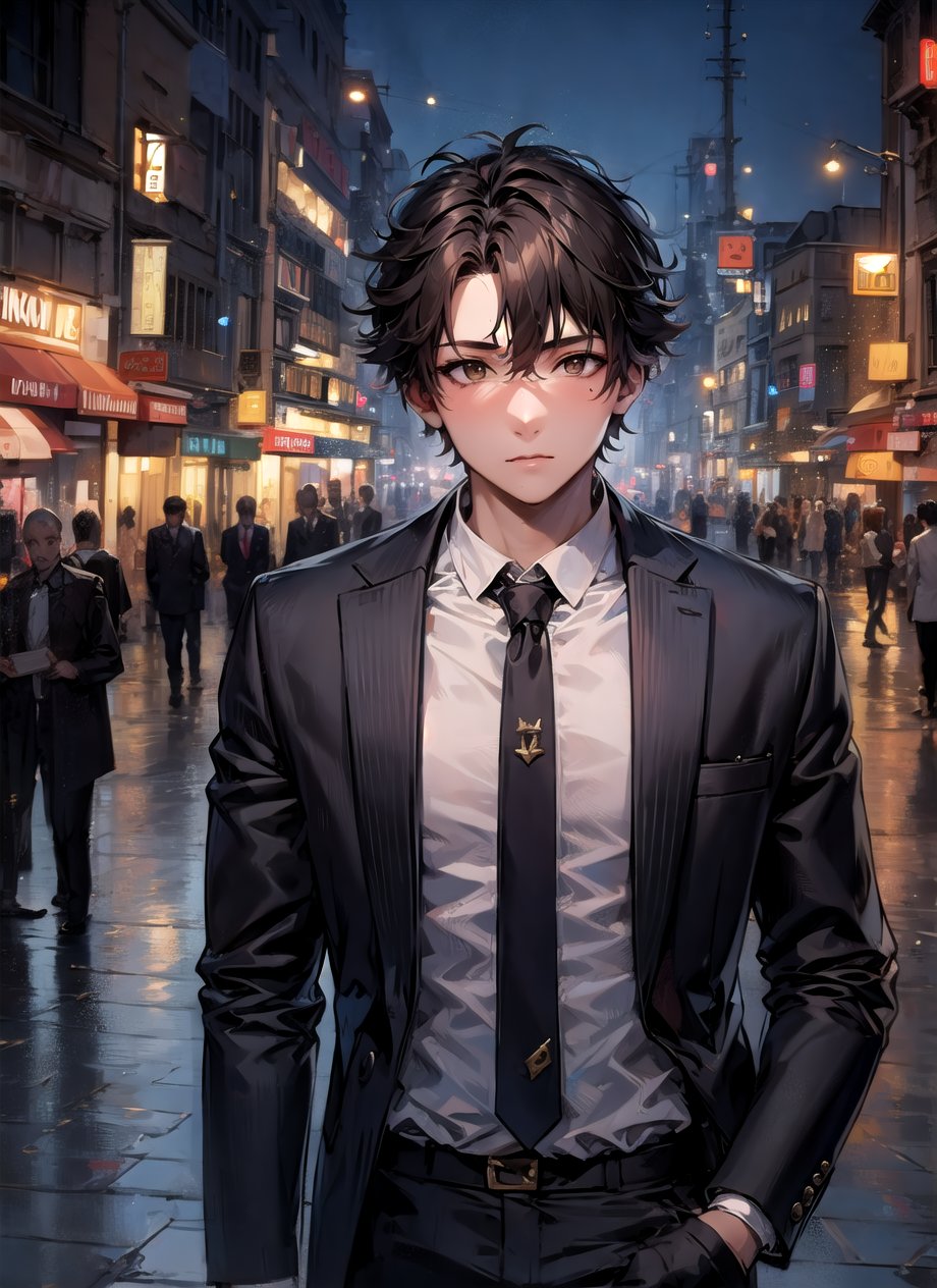 masterpiece, best quality, 1boy, men, street, night, medium hair, brown eyes, suit,