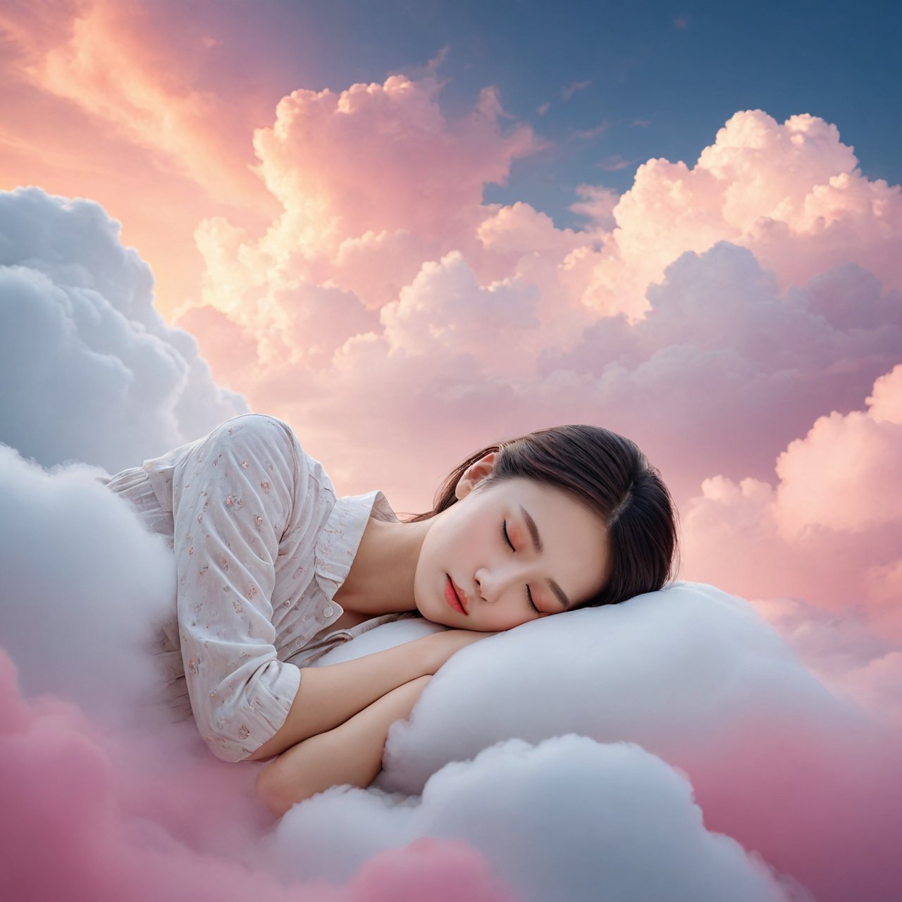 photo,cinematic,high resolution,1 chinese girl,sleeping on cloud,rosy cloud,sky,dawn,