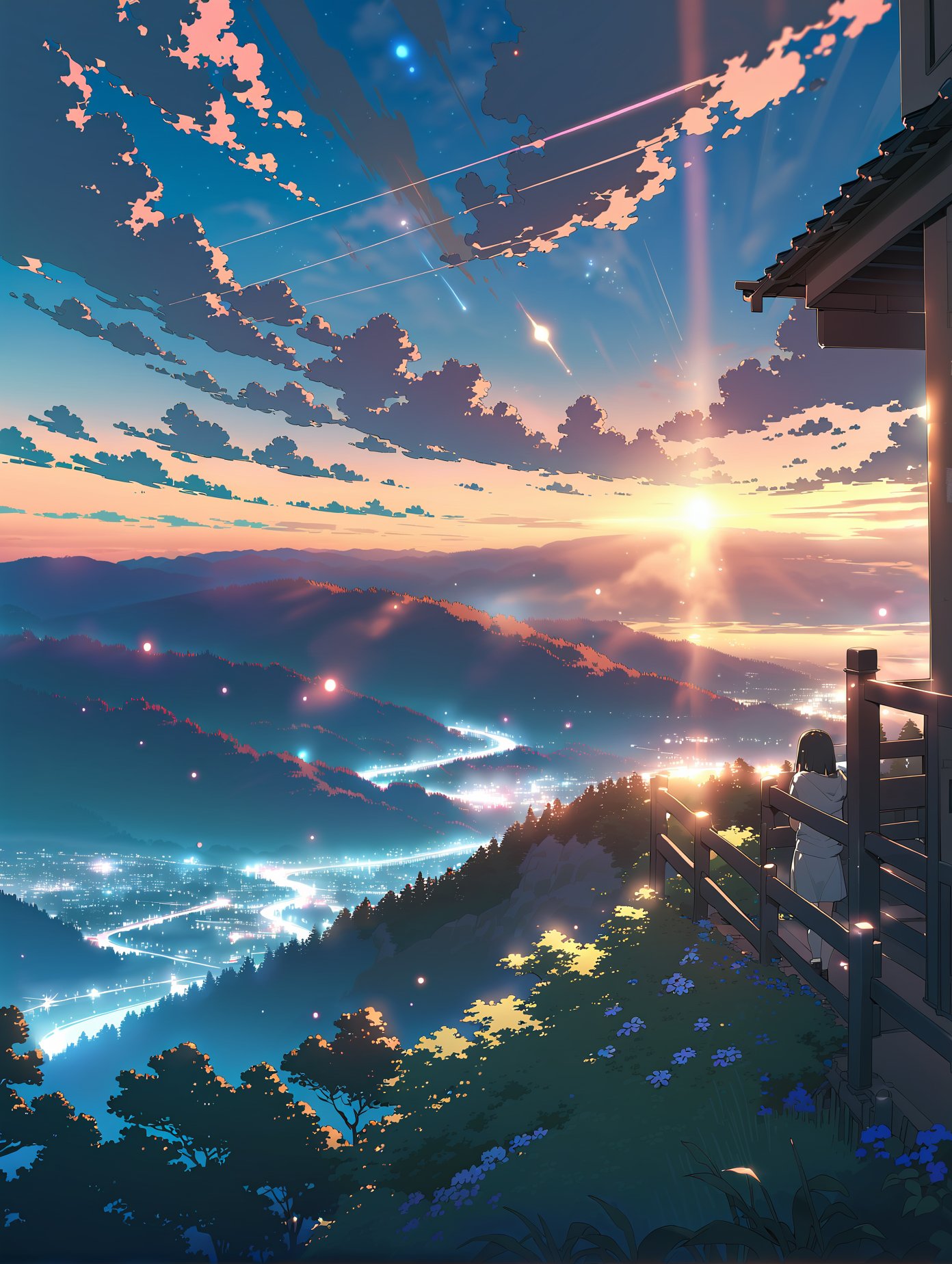 masterpiece,best quality,Makoto Shinkai,wallpaper,landscape,depth of field,night,light particles,light rays,sidelighting,clouds,<lora:Multiple styles_XL 1.0:0.85>,