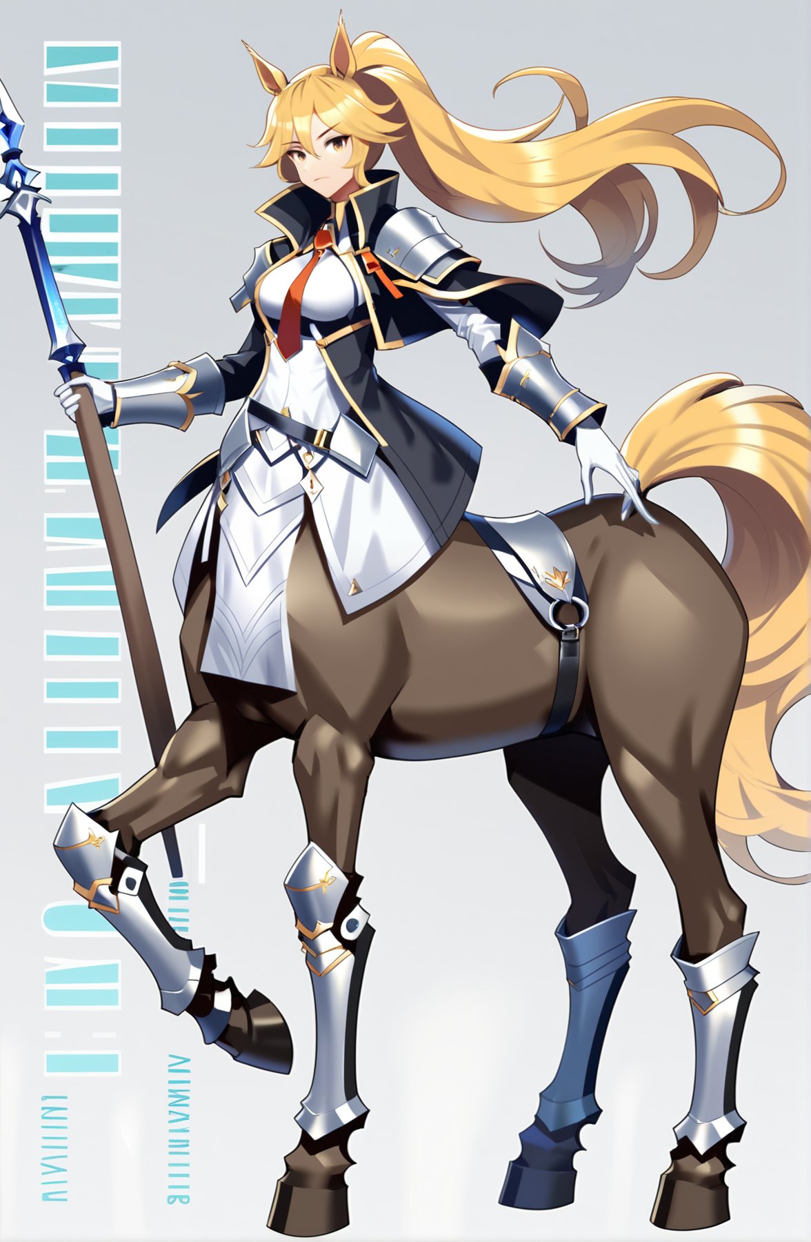 score_9, score_8_up, score_7_up, score_6_up, <lora:jijia-pony-Tanger-000006:0.8>,jijia, 2d, anime, centaur, 1girl, solo, long hair, weapon, gloves, holding, armor, white gloves, holding weapon, taur, full body, polearm, ponytail, blonde hair, holding polearm, breasts, tail, horse ears, horse tail, standing, shoulder armor, animal ears, jacket, pants, very long hair, long sleeves, black jacket, helmet, grey background, faulds, closed mouth, white pants, shirt, english text, horse girl, pauldrons, armored boots, medium breasts, necktie, lance, greaves, breastplate, sidelocks, looking at viewer,a centaur dressed in armor holding a sword,a centaur with a sword on her back