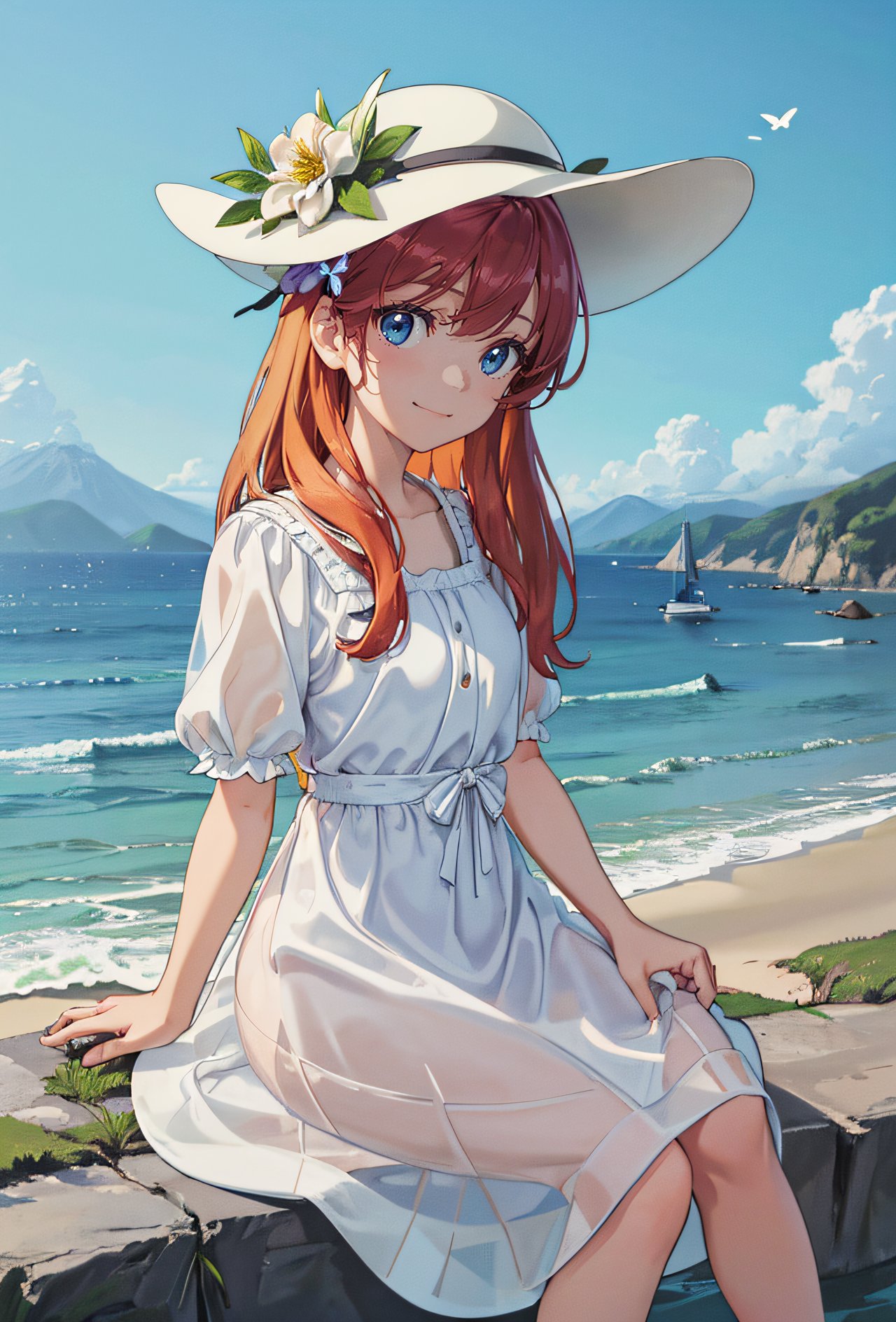 girl, outdoors, solo, flower, blue eyes, long hair, looking at viewer, long dressï¼Œhat, ocean, dress, sitting, white flower, sky, bug, hat flower, day, bangs, butterfly, water, long sleeves, blue sky, rock, cloud, orange dress, blonde hair, horizon, orange headwear, hair ornament, closed mouth, smile, hair flower, short sleeves, looking to the side, bird, scenery, mountainous horizon, red headwear, white dress, (masterpiece, best quality, hires, high quality, by professional artist, ultra detailed, extremely detailed, absurdres, incredibly resolution:1.2), good hands, perfect hands, <lora:GoodHands-beta2:1>