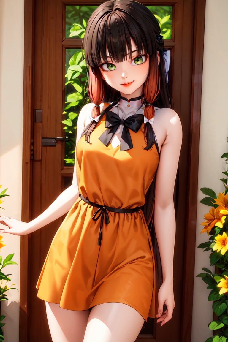 masterpiece, best quality, highres, realistic, 3d, solo, lilavolpina, green eyes, fringe, long hair, black hair, orange hair, multicolored hair, bangs, no mask, lipstick, yellow sundress, bow, <lora:Lila_Rosi:0.8>, looking at viewer, light smile, flower garden, ourtdoors, cowboy shot, <lora:add_detail:0.5> 