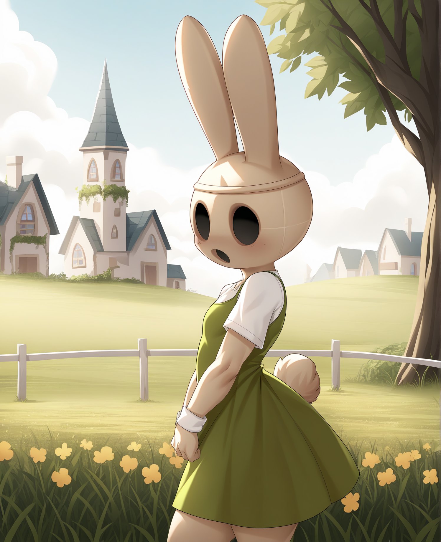 score_9, score_8_up, score_7_up, score_6_up, score_5_up, score_4_up, source_furry, vd5g, zcd, coco \(animal crossing\), animate inanimate, gyroid, lagomorph, leporid, mammal, rabbit, anthro, biped, black eyes, clothed, clothing, empty eyes, female, noseless, open mouth, green clothing, dress, solo, standing, topwear, detailed background, outside, field, village, island, looking at viewer, simple eyes, simple face, from side, side view<lora:coco_pdxl:1>