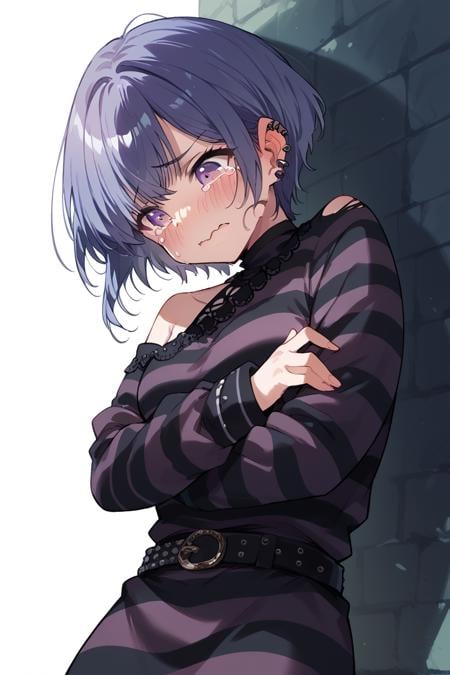 score_9, score_8_up, score_7_up, score_6_up, 1girl, solo,<lora:Sophia:0.9> sophia, striped, tears, head down, look down, crossed arms, shirt dress, belt, closed mouth, wavy mouth, striped shirt, ear piercing, long sleeves, torn pantyhose, one shoulder,