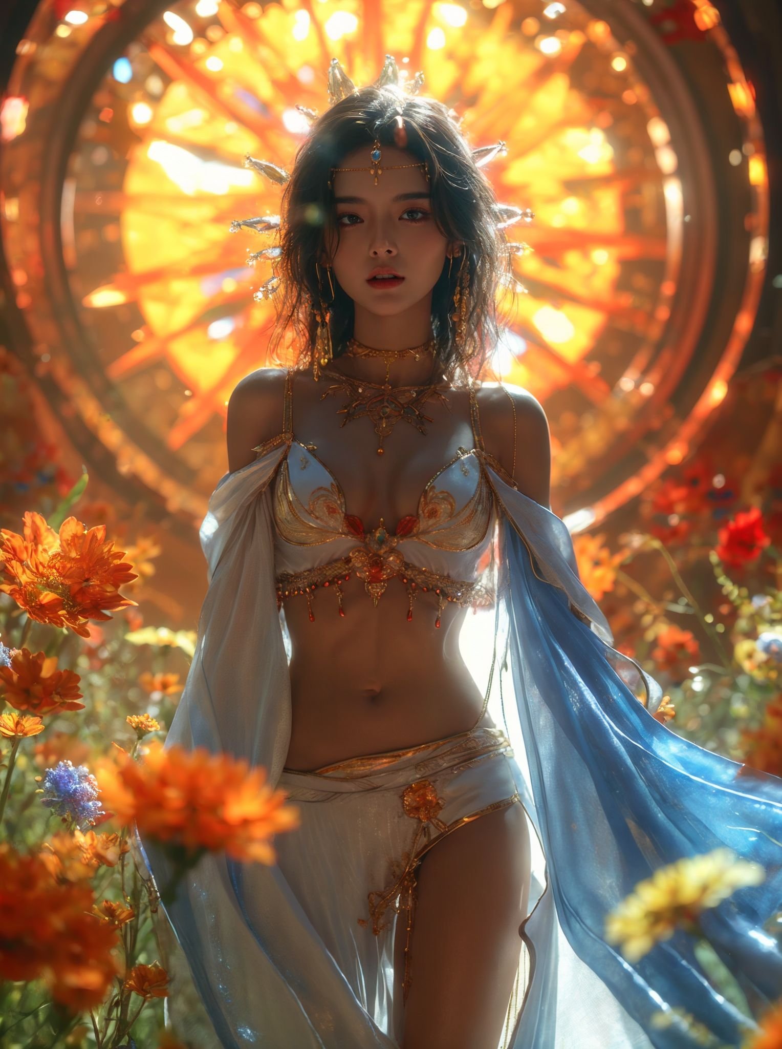 xuer Chinese goddess,1girl,jewelry,flower,navel,solo,breasts,dark-skinned female,black hair,dark skin,earrings,necklace,backlighting,looking at viewer,blurry background,see-through,bare shoulders,lips,bra,brown eyes,parted lips,depth of field,cowboy shot,yellow flower,standing,indoors,hair ornament,white bra,red lips,underwear,small breasts,collarbone,long hair,gem,holding,<lora:绪儿-中国女神 xuer Chinese goddess:0.75>,<lora:xuer a sense of story girl_20240320200924:0.5>,