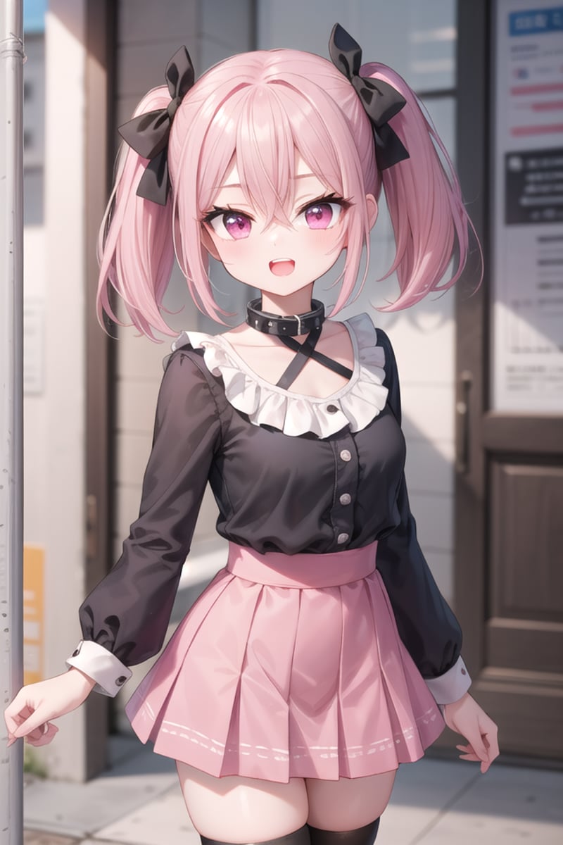 <lora:talkmouth_O_type2_v100:1>insanely detailed, absurdres, ultra-highres, ultra-detailed, best quality,1girl, solo, nice hands, perfect handsBREAKjirai kei,thighhighs, skirt, twintails, pink skirt, collar, bow, black thighhighs, black bow, long hair, pink bow, hair bow, spiked collarBREAK(nsfw:-1.5)BREAKsmile, open mouthBREAK,standing, cowboy shot, looking at viewerBREAKslender, kawaii, perfect symmetrical face, ultra cute girl, ultra cute face, ultra detailed eyes, ultra detailed hair, ultra cute, ultra beautifulBREAKin japanese street, cityscape in japan, depth of field, ultra detailed backgroundBREAKmedium breastsBREAKpink hair, pink eyes, short hair, hair between eyes