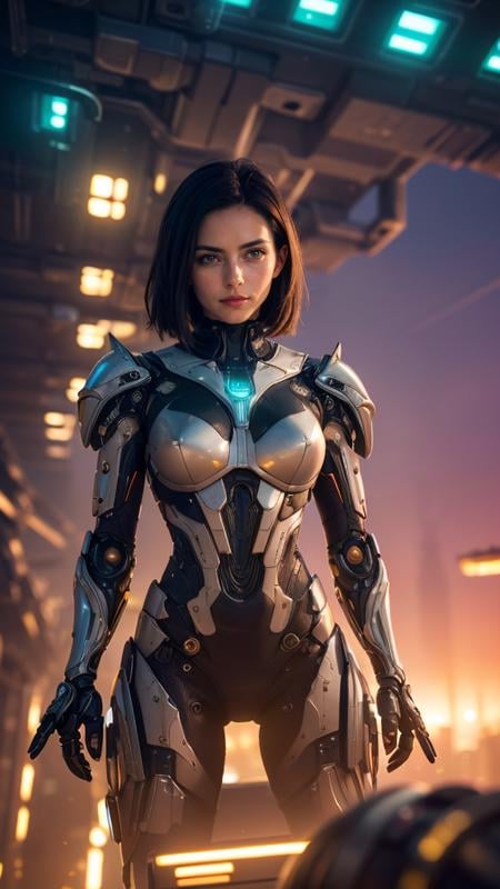 (best quality, masterpiece, colorful, highest detailed), (photorealistic:1.2), raw photo, upper body photo, fashion photography of cute (Battle Angel Alita), mechanical arms, detailed cyborg body, glowing body parts, sitting, perfect bobbed black hair, (ultra-detailed body), (light smile:0.3), softlight passing through hair, (distopian futuristic city beautiful background:1.3), (light:1.2), (dynamic angle), exposure blend, bokeh, dim light, (hdr:1.4), high contrast, (muted colors, dim colors, soothing tones:1.3), low saturation, morbid, (intricate details), (dynamic angle), exposure blend, bokeh, dim light, (hdr:1.4), high contrast, (muted colors, dim colors, soothing tones:1.3), low saturation, morbid, dark mood, dystopia