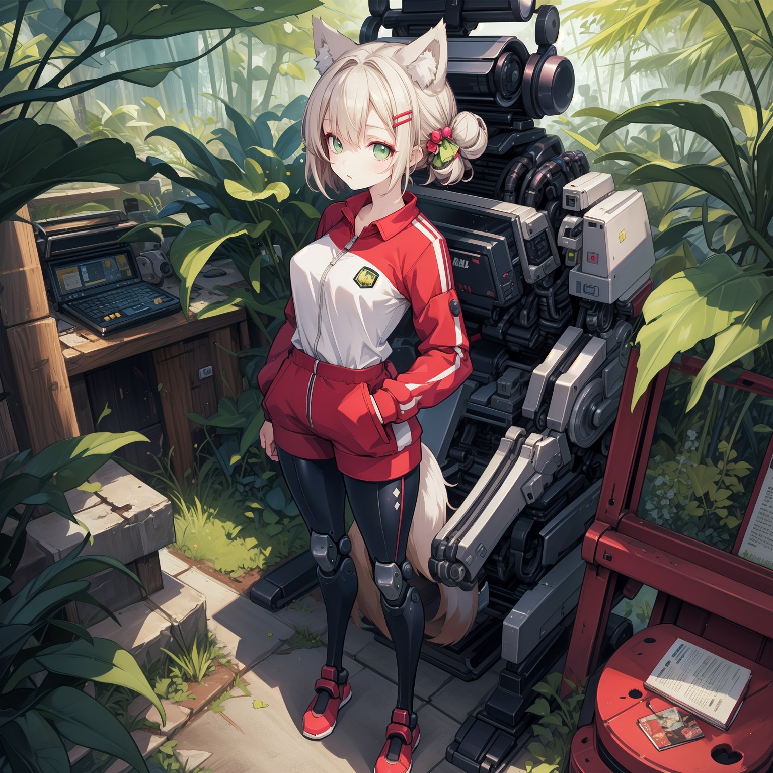 ,, ,, Fuchsia hair,Hairclips,single hair bun,Light Green eyes,pale skin,track suit,wolf ears,(mechanical arms, mechanical legs),medium breasts,jungle,rainforest,ruins,hyper,