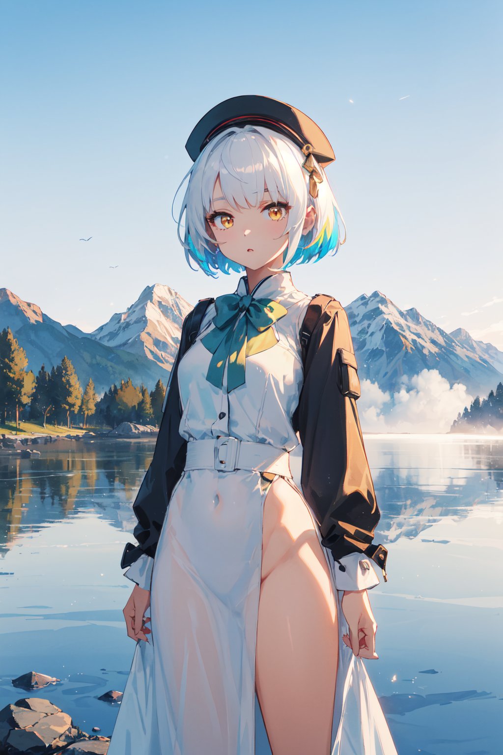 <lora:Anby-000020:0.6>,Anby CYQL,1girl,looking at viewer,solo,short hair,white hair,yellow eyes,(Vintage-inspired ensemble with a shirtwaist dress, bow-tie, and pillbox hat:1.3),(naughty_face:1.2),(panorama:1.3),As the first light of dawn appears, the lake is veiled in a thin layer of mist, with faint outlines of mountains merging with their reflections in the water,beautiful detailed sky,beautiful detailed glow,posing in front of a colorful and dynamic background,masterpiece,best quality,beautiful and aesthetic,contrapposto,female focus,wallpaper,