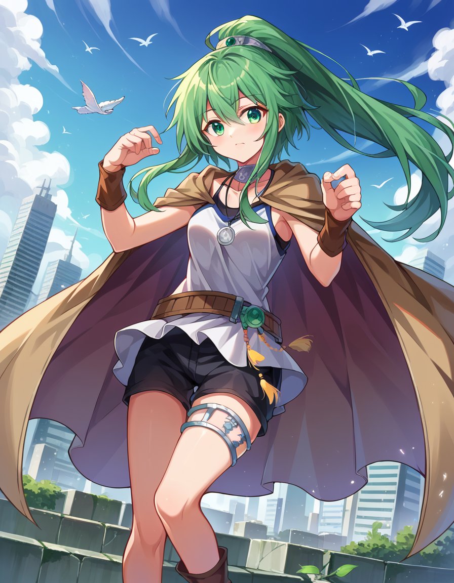 score_9, score_8_up, score_7_up, source_anime,windapriestessofgusto, <lora:winda-priestess-of-gusto-ponyxl-lora-nochekaiser:1>,winda priestess of gusto, green eyes, green hair, long hair, ponytail,choker, cape, brown cape, jewelry, pendant, anklet, black shorts, collarbone, shirt, short shorts, shorts, sleeveless, sleeveless shirt, thighlet, white shirt,outdoors, cityscape,looking at viewer, cowboy shot, dutch angle,