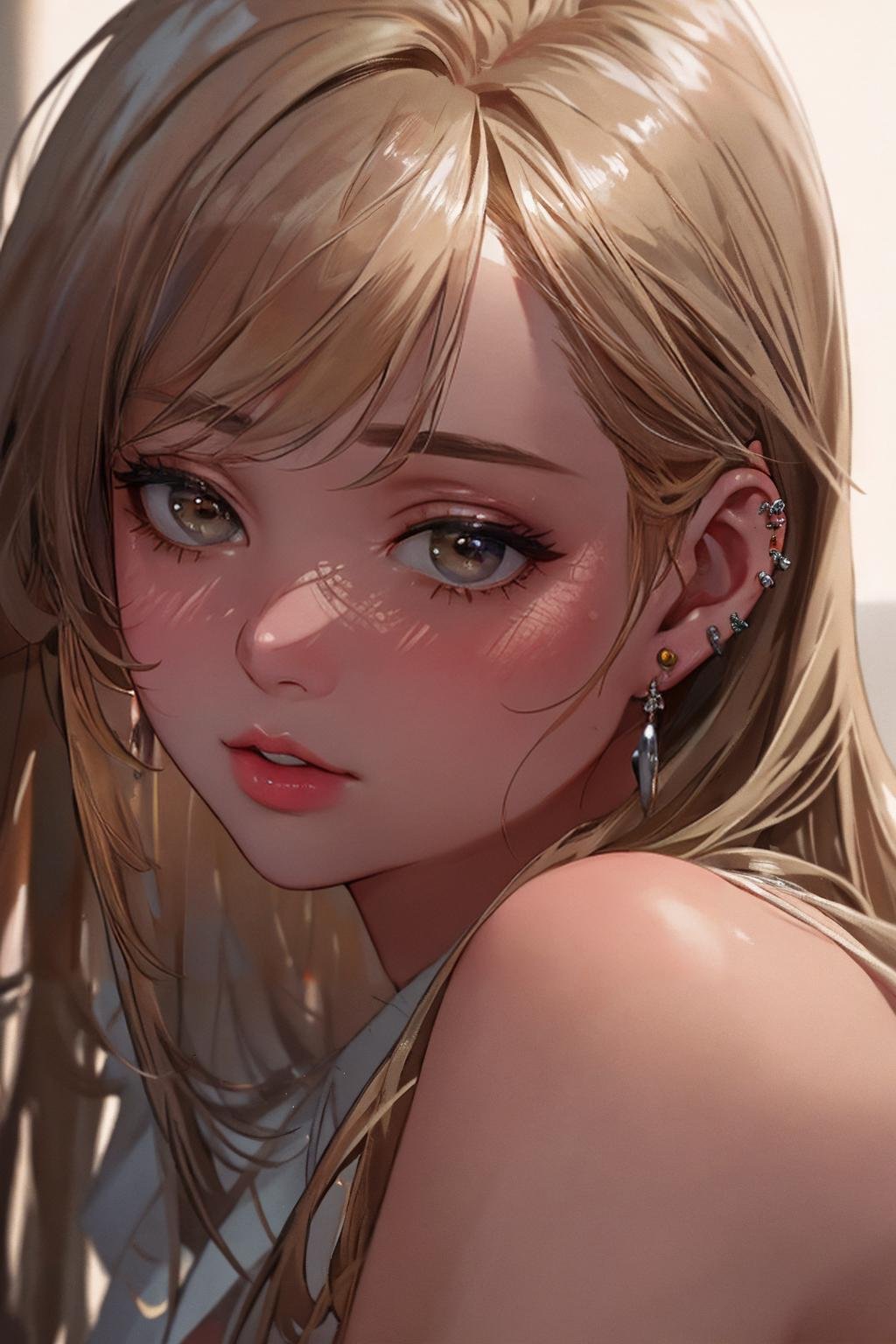 ((Masterpiece, best quality,photography, detailed skin, realistic, photo-realistic, 8k, highly detailed, full length frame, High detail RAW color art, diffused soft lighting, shallow depth of field, sharp focus, hyperrealism, cinematic lighting,close up)),edgEarPiercing, blonde woman,  solo,1girl, piercing, ring, heart shaped ear piercing, wearing edgEarPiercing, <lora:edgEarP:0.7>