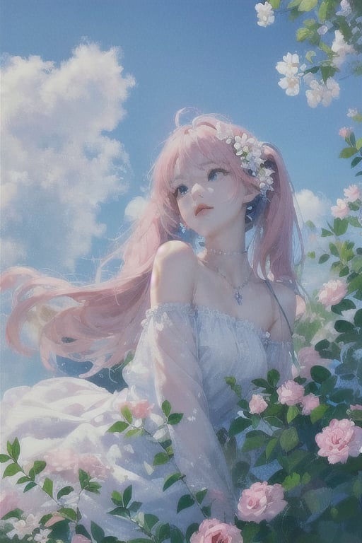 (((masterpiece))),((extremely detailed CG unity 8k wallpaper)),best quality,high resolution illustration,Amazing,highres,intricate detail,(best illumination, best shadow, an extremely delicate and beautiful),acrylic painting,1girl,flower,sky,white flower,cloud,blue sky,leaf,outdoors,day,plant,scenery,still life,pink flower,cloudy sky,<lora:acrylic_painting:0.8>,<lora:hatsunemiku1:0.9>,