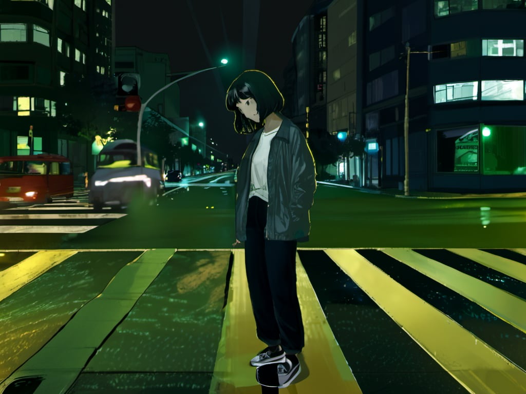 <lora:loneliness_xl_v2:0.8>,a woman standing on a city street at night with a crosswalk in the foreground and a bus on the street, 1girl, solo, short_hair, shirt, black_hair, closed_mouth, standing, jacket, outdoors, open_clothes, shoes, pants, black_footwear, night, black_pants, ground_vehicle, building, scenery, motor_vehicle, city, sign, hands_in_pockets, road, street, crosswalk