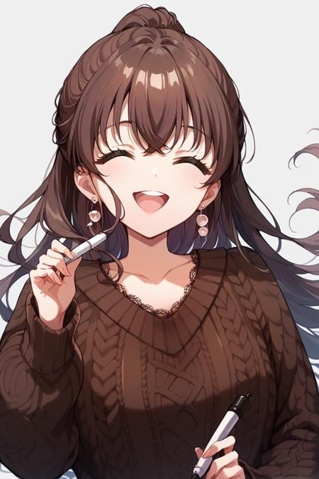 score_9, score_8_up, score_7_up, score_6_up, 1girl, <lora:Amano_Airi:0.9> amano, solo, closed eyes, long hair, brown hair, sweater, earrings, jewelry, open mouth, smile, upper body, holding, collarbone, pen,