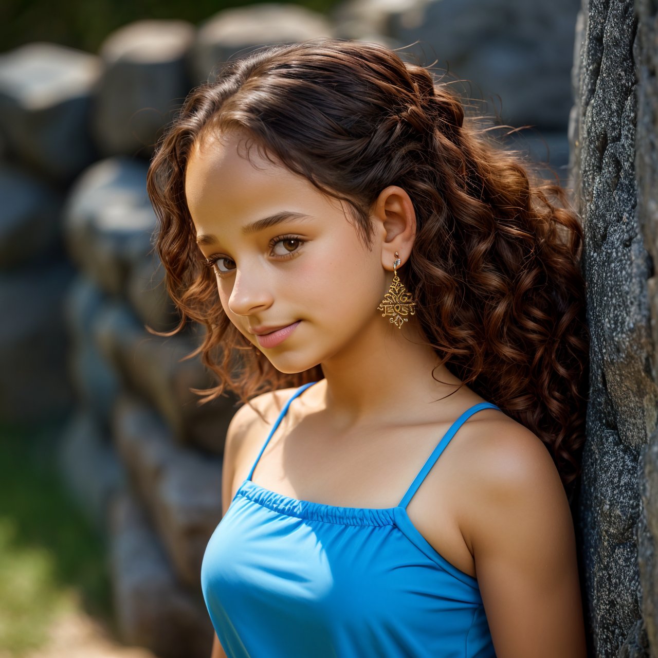 SFW, extra resolution, view from above of stunning (AIDA_LoRA_SabiC:1.25) <lora:AIDA_LoRA_SabiC:0.93> wearing a blue shirt and standing next to the stone wall, leaning on wall, outdoors, sunlight, young girl, pretty face, long curly hair, hair blown by the wind, golden earrings, naughty, funny, happy, playful, intimate, flirting with camera, intricate pattern, studio photo, kkw-ph1, hdr, f1.8 , getty images