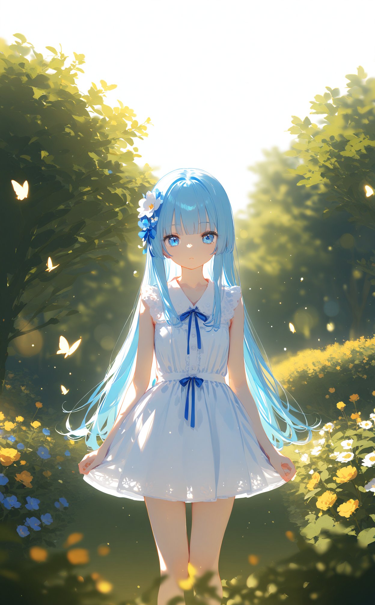 masterpiece,best quality,high quality,(colorful),1girl,loli,wide shot,(depth of field),global illumination,soft shadows,backlight,lens flare,((colorful refraction)),((cinematic lighting),looking outside,with butterfly,1girl with lightblue long hair and blue aqua eyes,hair flowers,hime cut,sunlight,blurry background,blurry,garden,White Dress,,,