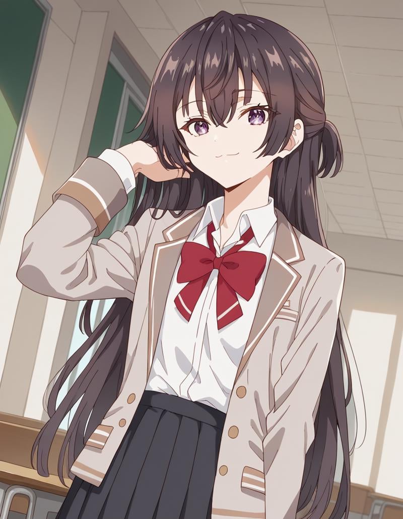 score_9, score_8_up, score_7_up, source_anime, <lora:yuki-suou-alpha-ponyxl-lora-nochekaiser:1>, yuki suou, long hair, bangs, brown hair, black hair, hair between eyes, purple eyes, half updo,, shirt, bow, school uniform, jacket, white shirt, collared shirt, bowtie, red bow, blazer, red bowtie, black skirt, pleated skirt,, indoors, smile, looking at viewer, solo,, cowboy shot, dutch angle