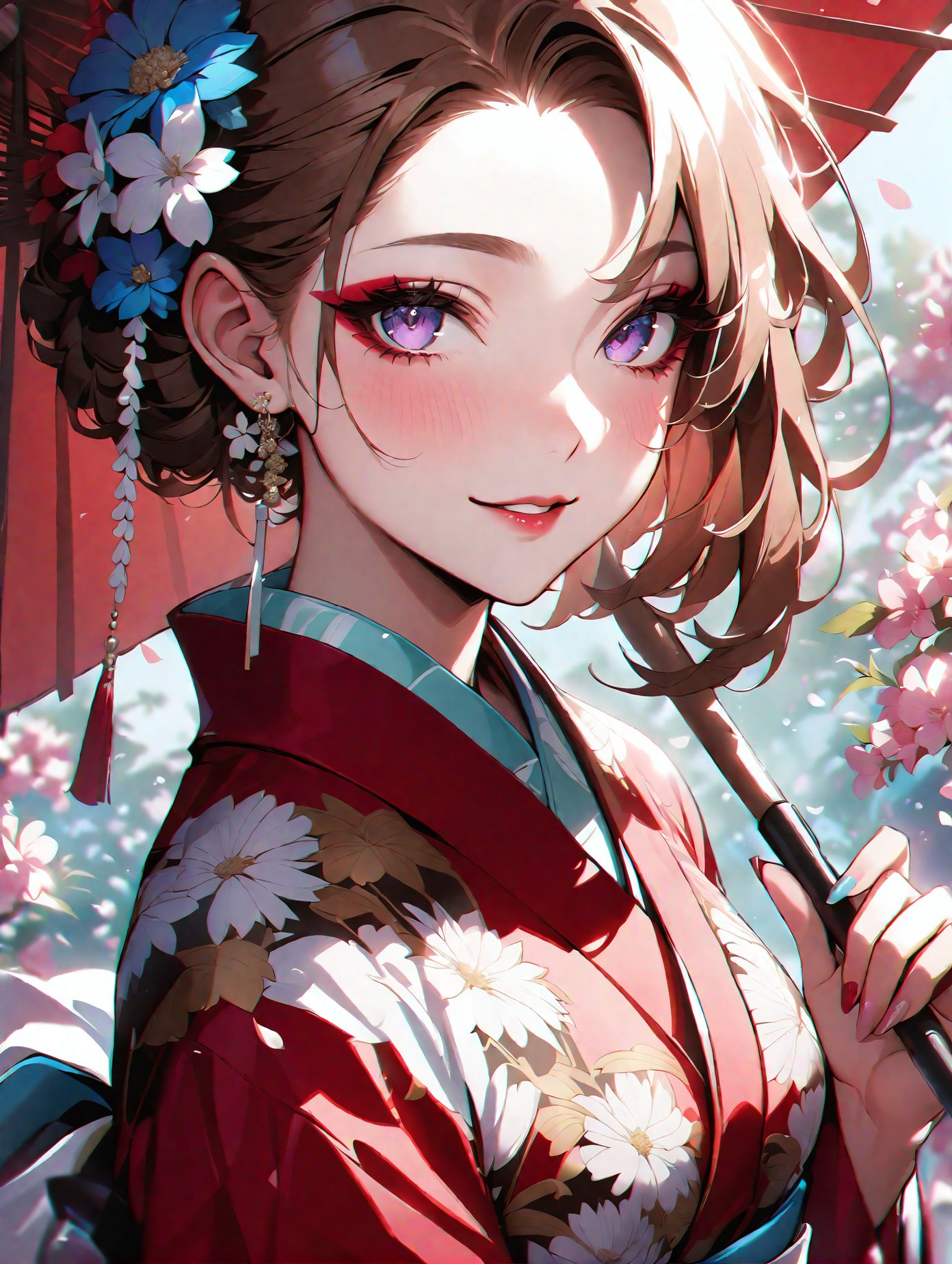 masterpiece,best quality,1girl,solo,flower,kimono,umbrella,japanese clothes,hair ornament,hair flower,oil-paper umbrella,looking at viewer,earrings,holding,jewelry,floral print,blush,makeup,petals,red lips,upper body,print kimono,parted lips,red kimono,short hair,holding umbrella,cherry blossoms,white flower,smile,blue flower,purple eyes,brown hair,nail polish,lipstick,pink flower,eyelashes,