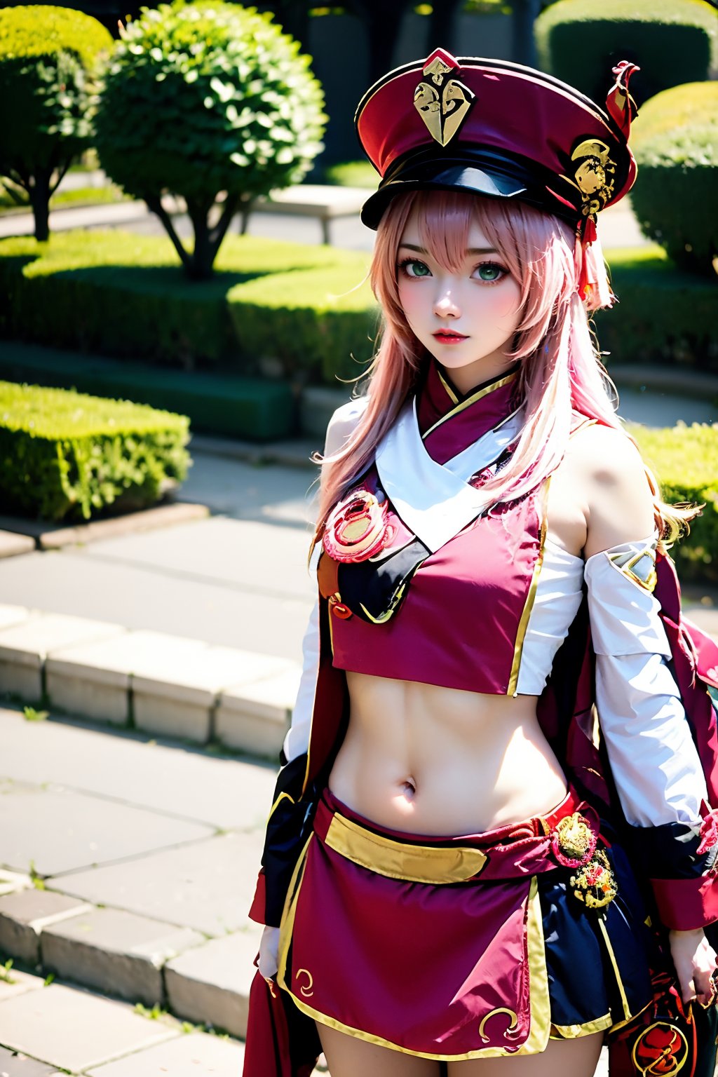 1girl, solo, yanfei \(genshin impact\), navel, long hair, midriff, detached sleeves, pink hair, red headwear, looking at viewer, skirt, crop top, stomach, standing, outdoors, bare shoulders, parted lips, red skirt, breasts, red lips, long sleeves, cowboy shot, hat, horns, blurry, realistic, green eyes, bag, blue eyes, blurry background, day, lips, miniskirt, hair between eyes, very long hair, blonde hair, feet out of frame, antlers, white sleeves, pantyhose, small breasts, makeup, underwear, belt, nose