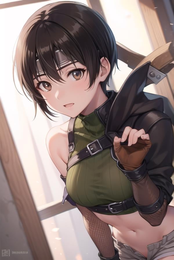 yuffiekisaragi, <lora:yuffie kisaragi v2-lora-nochekaiser:1>, yuffie kisaragi, (black hair:1.5), (brown eyes:1.7), short hair, pixie cut,BREAK crop top, fingerless gloves, fishnet thighhighs, fishnets, forehead protector, gloves, headband, navel, short shorts, shorts, single sleeve, single thighhigh, sleeveless, sleeveless turtleneck, thighhighs, turtleneck,BREAK cowboy shot, looking at viewer, BREAK indoors,BREAK <lyco:GoodHands-beta2:1>, (masterpiece:1.2), best quality, high resolution, unity 8k wallpaper, (illustration:0.8), (beautiful detailed eyes:1.6), extremely detailed face, perfect lighting, extremely detailed CG, (perfect hands, perfect anatomy),