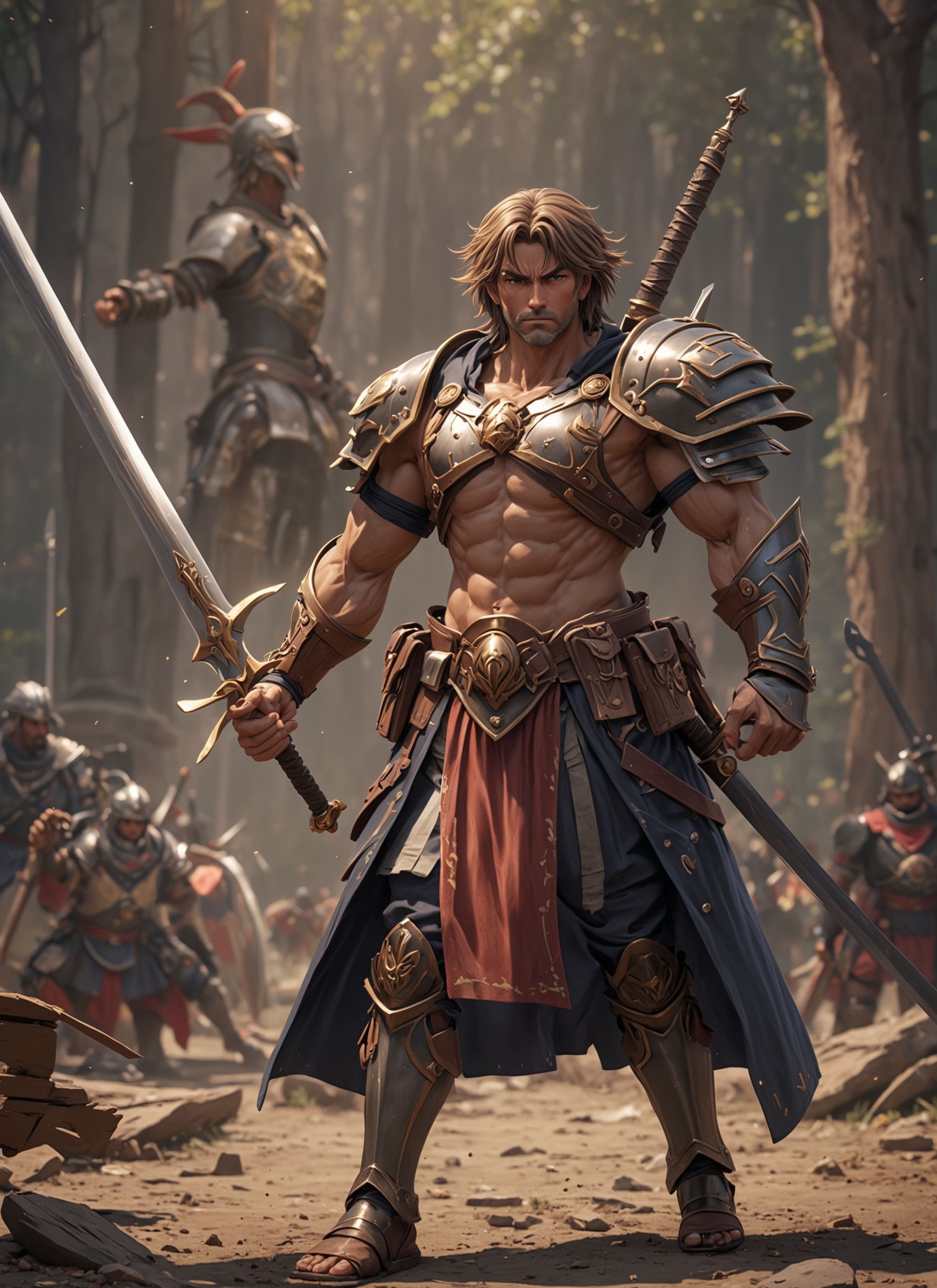 Medium view digital art, (Clannad swordsmen juxtaposed:1.2), Symmetrical composition, Intricate weapon details, Stoic expressions, (Battle-ready poses:1.2), Unreal Engine 5 clarity, Hyperrealistic features, (8K precision:1.3), Sought after on ArtStation, Atmospheric backdrop, Sharp contrasts