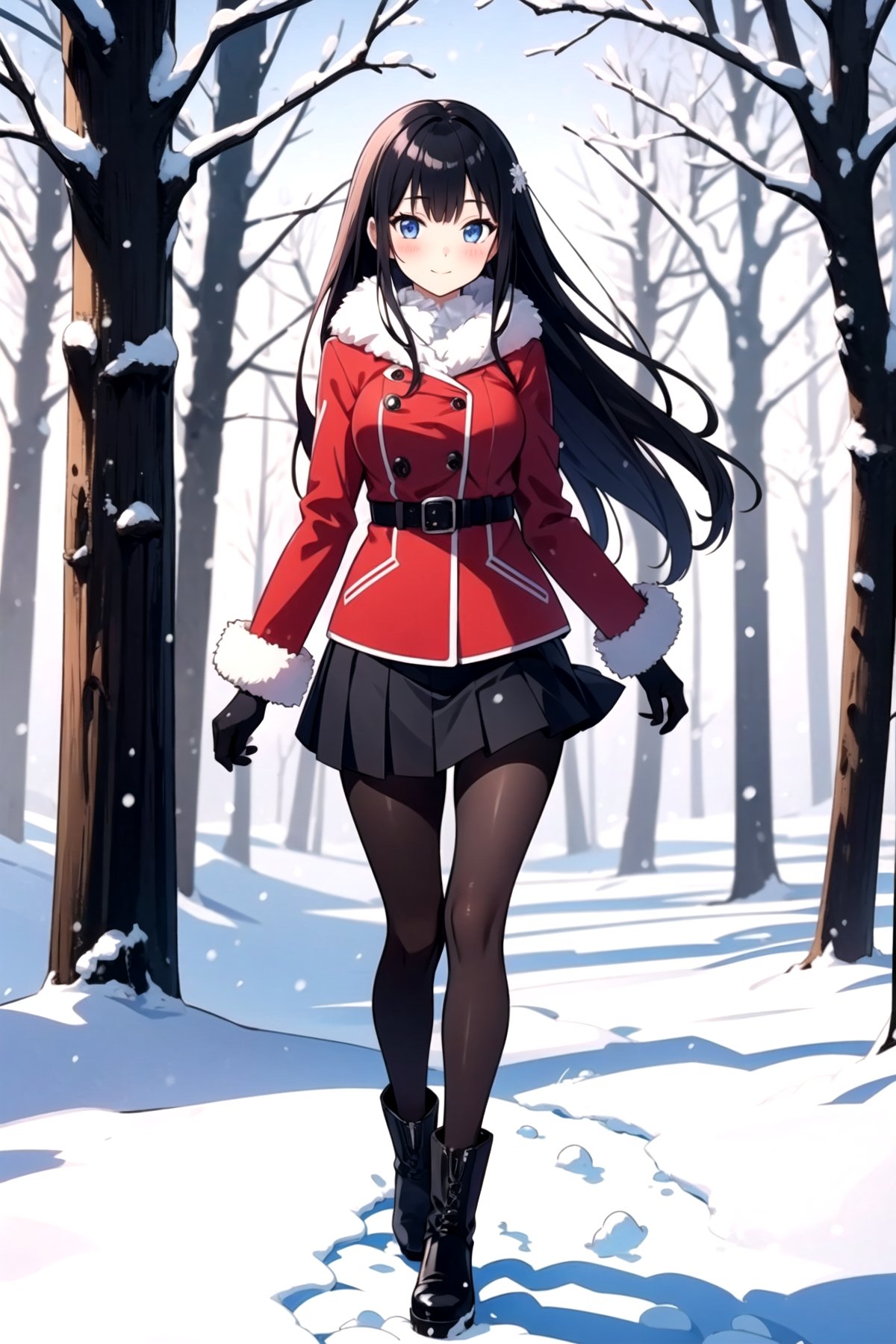 1girl, solo, pantyhose, blue eyes, boots, snow, tree, black hair, long hair, black footwear, outdoors, skirt, gloves, black pantyhose, bangs, black skirt, standing, red jacket, very long hair, pleated skirt, looking at viewer, fur trim, jacket, long sleeves, day, closed mouth, snowing, winter, forest, full body, breasts, nature, winter clothes, blush, medium breasts, red coat, coat, perfect eyes, (smile:0.8)