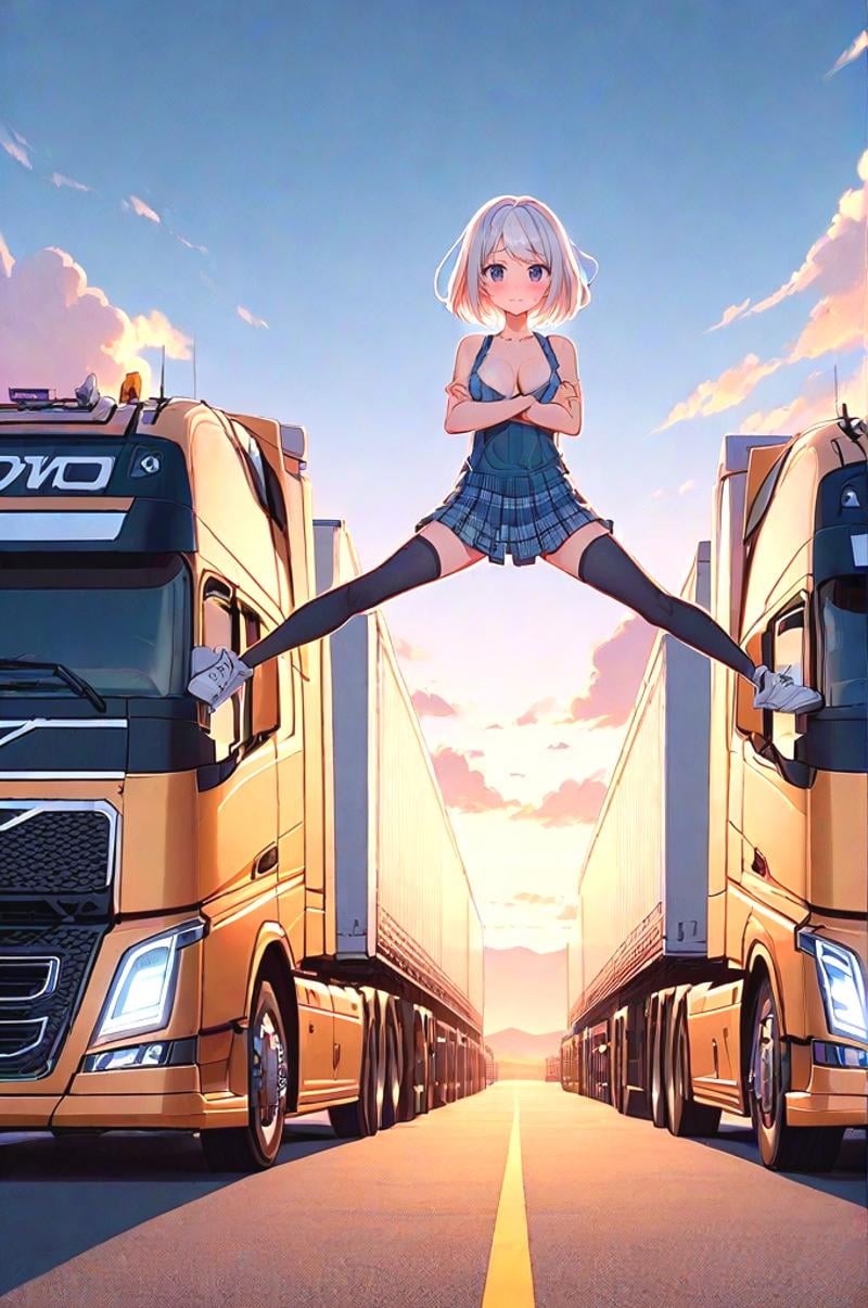 source_anime, score_9, score_8_up, score_7_up, score_6_up, score_5_up, score_4_up, (((wide shot))), big truck, golden truck, epic split, crossed arms, spread legs, outstretched leg, sky, wind, volvo, desert road, center line, distant sierra, vanishing point, headlight, closed mouth, night, evening, solo, 1girl, cute, looking at viewer, white hair, short hair, red bow, naked overalls, plaid skirt, black thighhighs, sneakers, sweat, cleavage, shy, blush, slim figure, <lora:girllikeepicsplit_pony:1>