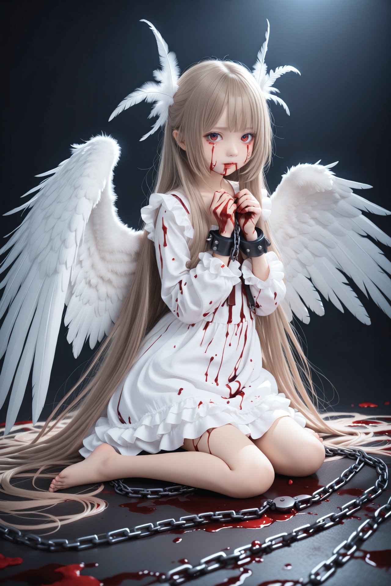 (masterpiece),(best quality),loli,1girl,solo,wings,blood,long hair,sitting,chain,red eyes,blood on hands,feathered wings,barefoot,blood on face,blood from eyes,dress,long sleeves,cuffs,feathers,frills,looking at viewer,very long hair,white wings,bandages,shackles,bangs,