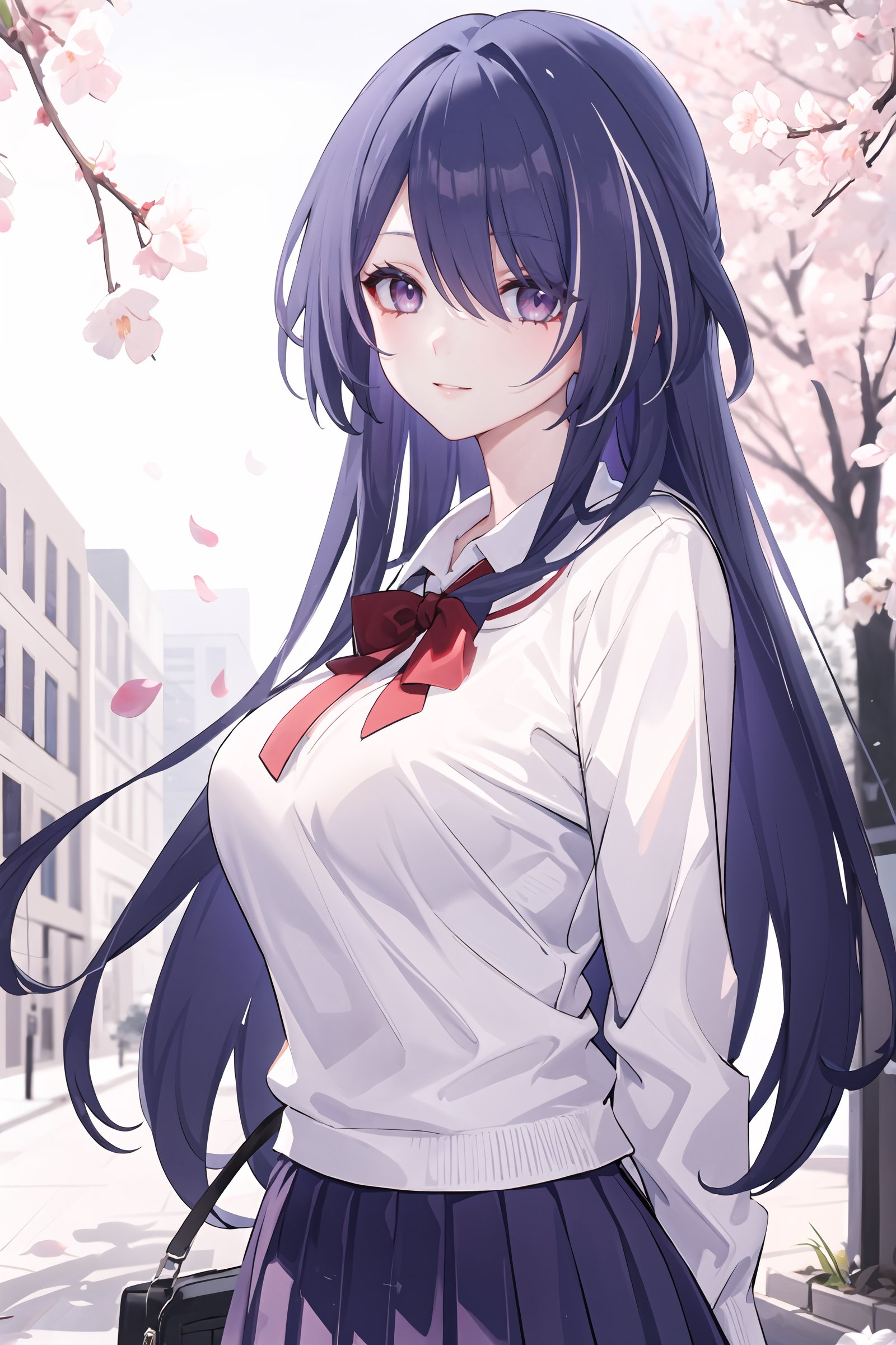 1girl, acheron \(honkai: star rail\), solo, school uniform, white shirt, sweater, pleated skirt, pantyhose, light smile, looking at viewer, outdoors, street, cherry blossoms, petals, depth of field