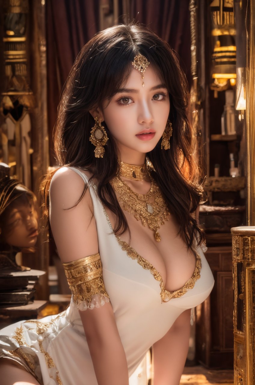 1girl, solo, long hair, breasts, looking at viewer, large breasts, black hair, dress, cleavage, bare shoulders, jewelry, sitting, earrings, parted lips, sleeveless, day, indoors, necklace, white dress, lips, parted bangs, leaning forward, gem, armlet, realistic, forehead jewel, gold, head chain, <lora:Enhanced Details Booster:0.8>, RAW photo, (masterpiece:1.3), subsurface scattering, heavy shadow, (high quality:1.4), (intricate, high detail:1.2), professional photography, HDR, High Dynamic Range, realistic, ultra realistic, photorealistic, high resolution, film photography, DSLR, 8k uhd, Fujifilm XT3