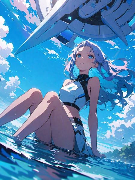 (masterpiece:1.1),hi-res,4k,extremely delicate and beautiful art,pastel color,anime,beautiful detailed eyes,1 anime girl,a girl sitting on the ground,lean back with arms behind back,knees up,a futuristic flying object,wind,blue sky with clouds,bare midriff,long hair,the water's edge,dutch angle,