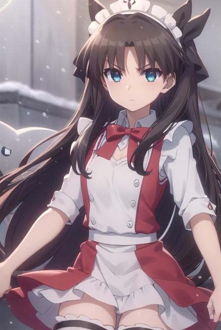 rintohsaka, <lora:rin tohsaka prisma s2s3-lora-nochekaiser:1>,rin tohsaka, long hair, black hair, two side up, aqua eyes, bow, hair bow,BREAK thighhighs, dress, frills, black thighhighs, zettai ryouiki, long sleeves, maid, maid headdress, red dress,BREAK outdoors, snow,BREAK looking at viewer, (cowboy shot:1.5), dynamic pose,BREAK <lyco:GoodHands-beta2:1>, (masterpiece:1.2), best quality, high resolution, unity 8k wallpaper, (illustration:0.8), (beautiful detailed eyes:1.6), extremely detailed face, perfect lighting, extremely detailed CG, (perfect hands, perfect anatomy),