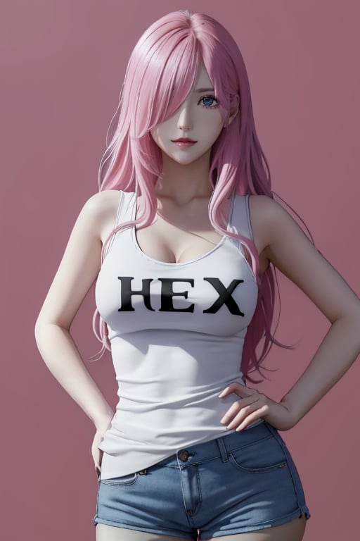 masterpiece, high quality, high resolution, (xiahe:1.1), 8kwallpaper, pink hair, hair over one eye, standing, long hair, <lora:last-000012:0.75>, seductive pose, beauty and aesthetics, absurd, shorts, tank top, clothing writing, hand on hip, 