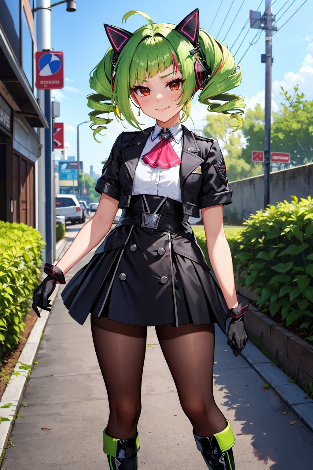 masterpiece, best quality, twin drills, fake animal ears, ascot, black jacket, short sleeves, white shirt, black gloves, pleated skirt, pantyhose, black boots, contrapposto, city street, looking at viewer, furrowed brow, smirk <lora:delutaya-nvwls-v1-000012:0.9>