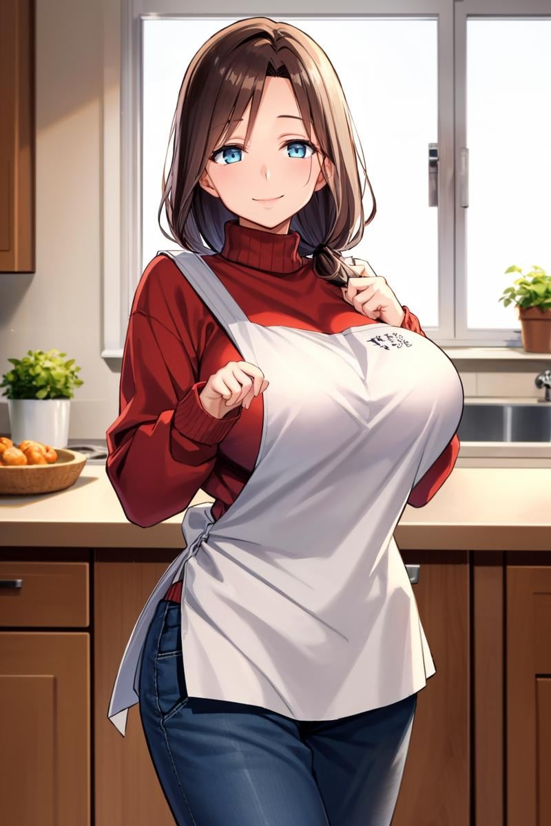 masterpiece, best quality,  <lora:aimom-nvwls-v1:1> 1girl, aimom, hair over shoulder, mature female, large breasts, red sweater, white apron, black pants, kitchen, smile, looking at viewer