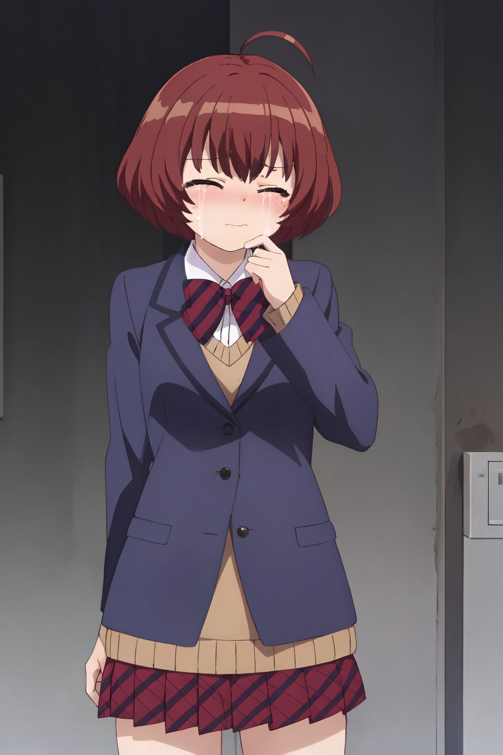 Akako Onigashima, (8k, HD), 1girl, solo, blush, short hair, skirt, simple background, brown hair, long sleeves, bow, closed mouth, school uniform, jacket, closed eyes, ahoge, cowboy shot, pleated skirt, tears, bowtie, red bow, plaid, red skirt, blazer, crying, blue jacket, korean text, wiping tears<lora:EMS-469265-EMS:0.800000>